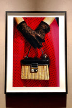 Load image into Gallery viewer, This stylish artwork, &#39;Floral Wicker Bag&#39; taken at the glamorous retro event Goodwood Revival in Chichester, perfectly captures feminine sophistication with a vintage vibe.