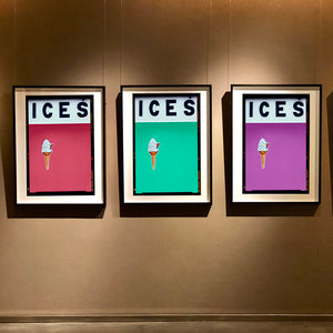Set of three photographs by Richard Heeps.  Three identical photographs (apart from the block colour), at the top black letters spell out ICES and below is depicted a 99 icecream cone sitting left of centre set against, in turn, a raspberry, mint and plum coloured backgrounds.  