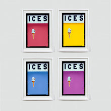 Load image into Gallery viewer, Set of four (2x2) white framed photographs by Richard Heeps.  Four identical photographs (apart from the block colour), at the top black letters spell out ICES and below is depicted a 99 icecream cone sitting left of centre set against, in turn, a raspberry, yellow, baby blue and plum coloured background.  