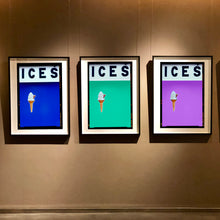 Load image into Gallery viewer, Set of three photographs by Richard Heeps.  Three identical photographs (apart from the block colour), at the top black letters spell out ICES and below is depicted a 99 icecream cone sitting left of centre set against, in turn, a blue, mint and lilac coloured backgrounds.  