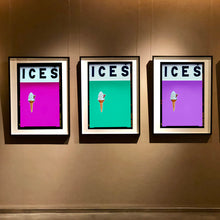 Load image into Gallery viewer, 3 framed photographs by Richard Heeps. Typography prints of an ice cream on pink, mint and lilac colour blocking with the Kodak film rebate.