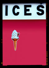 Load image into Gallery viewer, Photograph by Richard Heeps.  Black letters spell out ICES and below is depicted a 99 icecream cones sitting left of centre against a raspberry coloured background. 