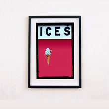 Load image into Gallery viewer, Black framed photograph by Richard Heeps.  At the top black letters spell out ICES and below is depicted a 99 icecream cone sitting left of centre against a raspberry coloured background.  