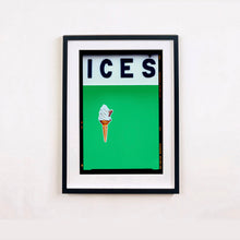 Load image into Gallery viewer, Black framed photograph by Richard Heeps.  At the top black letters spell out ICES and below is depicted a 99 icecream cone sitting left of centre against a green coloured background.  