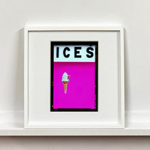 Load image into Gallery viewer, White framed photograph by Richard Heeps. Pink typography print of an ice cream on pink colour blocking with the Kodak film rebate.