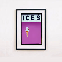 Load image into Gallery viewer, Black framed photograph by Richard Heeps.  At the top black letters spell out ICES and below is depicted a 99 icecream cone sitting left of centre against a plum coloured background.  