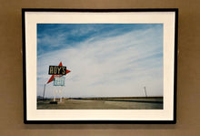 Load image into Gallery viewer, Part of the &#39;Dream in Colour&#39; series, &#39;Roy&#39;s - Route 66&#39; is one of Richard Heeps&#39; classic American sign artworks featuring the road sign for Roy&#39;s Motel, which demonstrates historic Mid-Century Modern Googie architecture. This photograph was capture on the National Trails Highway of U.S. Route 66, in the Mojave Desert town of Amboy in San Bernardino County, California.
