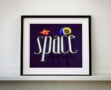 Load image into Gallery viewer, &#39;Space&#39;, features neon lettering against an inky blue sky. The subject is a roadside sign taken in Ibiza during the final year of the iconic super club.