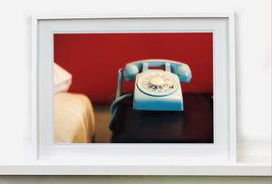 Part of Richard Heeps 'Dream in Colour' Series, this cool Palm Springs interiors picture featuring a vintage telephone on a nightstand combines gorgeous colours and dreamy nostalgic mid-century vibes.