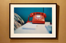 Load image into Gallery viewer, &#39;Telephone VI, Ballantines Movie Colony&#39; is part of Richard Heeps&#39; &#39;Dream in Colour&#39; series. This cool Palm Springs interior artwork features a vintage telephone on a nightstand, combining gorgeous colours with a nostalgic mid-century feel.