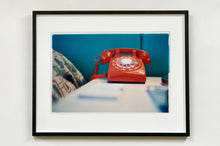 Load image into Gallery viewer, &#39;Telephone VI, Ballantines Movie Colony&#39; is part of Richard Heeps&#39; &#39;Dream in Colour&#39; series. This cool Palm Springs interior artwork features a vintage telephone on a nightstand, combining gorgeous colours with a nostalgic mid-century feel.