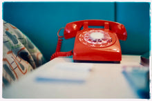 Load image into Gallery viewer, &#39;Telephone VI, Ballantines Movie Colony&#39; is part of Richard Heeps&#39; &#39;Dream in Colour&#39; series. This cool Palm Springs interior artwork features a vintage telephone on a nightstand, combining gorgeous colours with a nostalgic mid-century feel.