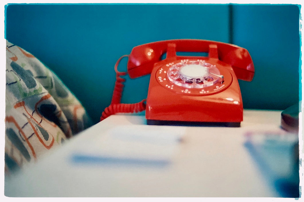 'Telephone VI, Ballantines Movie Colony' is part of Richard Heeps' 'Dream in Colour' series. This cool Palm Springs interior artwork features a vintage telephone on a nightstand, combining gorgeous colours with a nostalgic mid-century feel.