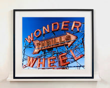 Load image into Gallery viewer, &#39;Thrills&#39;, shot in Coney Island, new York. This iconic Wonder Wheel is a universal symbol of fun and will bring a sense of energy and excitement into any room. This artwork was selected for the 250th Royal Academy Summer Exhibition 2018.