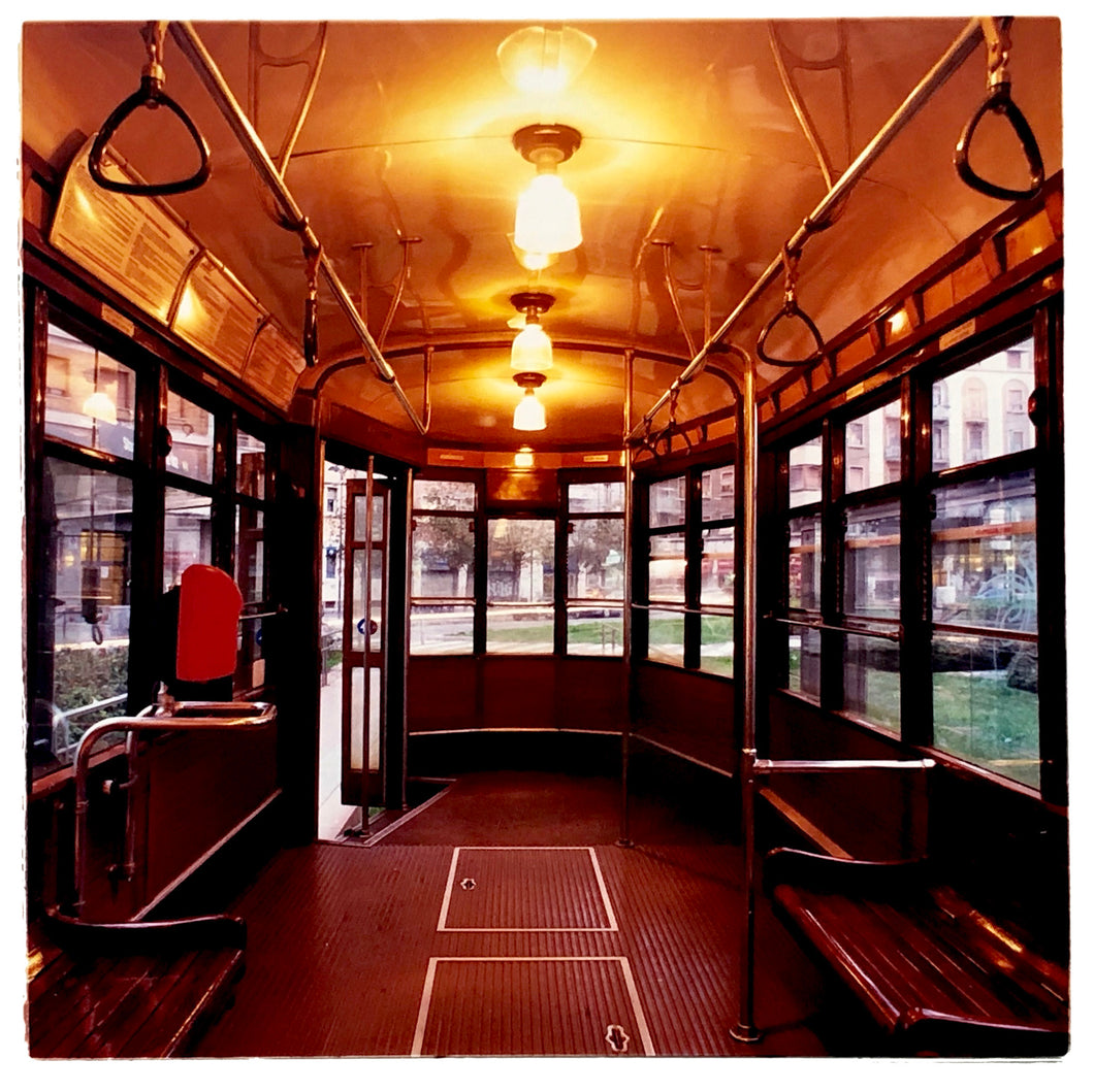 The interior of a vintage Italian tram in Lambrate, Milan. Affordable fine art limited edition photographic prints, handmade in Richard’s Cambridge darkrooms. 