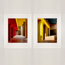 Load image into Gallery viewer, Monte Amiata housing, Gallaratese Quarter, Milan. Yellow brutalist architecture street photography by Richard Heeps framed in white paired with Utopian Foyer.
