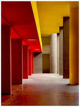 Load image into Gallery viewer, Monte Amiata housing, Gallaratese Quarter, Milan. Red and yellow brutalist architecture street photography by Richard Heeps.