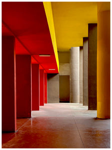 Monte Amiata housing, Gallaratese Quarter, Milan. Red and yellow brutalist architecture street photography by Richard Heeps.