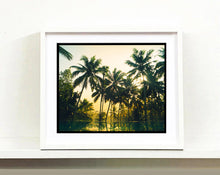 Load image into Gallery viewer, Palm trees stand strong against a setting sun, reflecting gracefully in the water below in this artowork &#39;Vetyver Pool&#39;, taken in Poovar, Kerala in 2013. This gorgeous palm tree print has warming tones and will take you somewhere tropical. Richard Heeps is inspired by films, often referencing them in day to day life and on this journey he had &#39;Apocalypse Now&#39; on his mind.