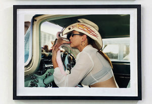 'Wendy Flamin' Eyeball', from Richard Heeps' 'Man's Ruin' Series. This artwork is part of a sequence capturing Wendy at the Nevada Rockabilly Weekender, Viva Las Vegas. This artwork capture the flaming eyeball detail of her cowboy style hat. 