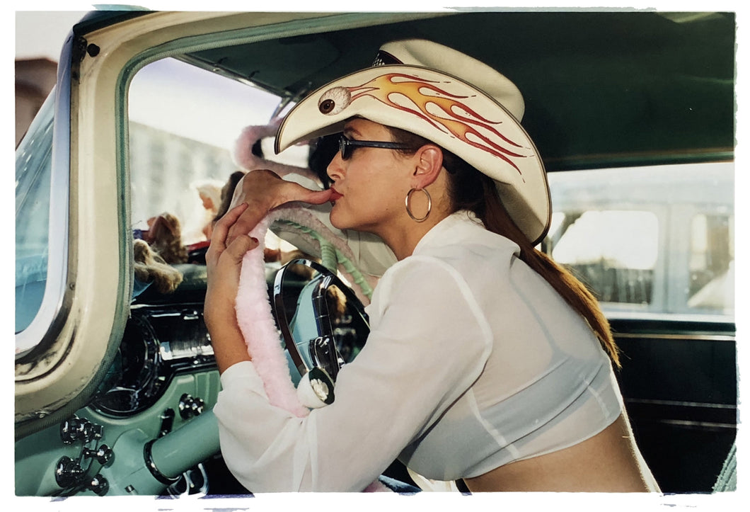 'Wendy Flamin' Eyeball', from Richard Heeps' 'Man's Ruin' Series. This artwork is part of a sequence capturing Wendy at the Nevada Rockabilly Weekender, Viva Las Vegas. This artwork capture the flaming eyeball detail of her cowboy style hat. 