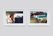 Load image into Gallery viewer, Wendy and Dolls, from Richard Heeps &#39;Man&#39;s Ruin&#39; Series, this is part of a sequence of artworks capturing Wendy at the Rockabilly Weekender, Viva Las Vegas. This cinematic portrait of Wendy captures her in the back seat of her classic American Oldsmobile.