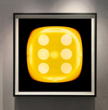 Load image into Gallery viewer, &#39;Yellow Six&#39;, from Heidler &amp; Heeps Dice Series, a yellow dice suspended on a black background.