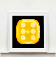 Load image into Gallery viewer, &#39;Yellow Six&#39;, from Heidler &amp; Heeps Dice Series, a yellow dice suspended on a black background.