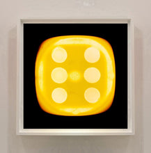 Load image into Gallery viewer, &#39;Yellow Six&#39;, from Heidler &amp; Heeps Dice Series, a yellow dice suspended on a black background.