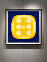 Load image into Gallery viewer, From Heidler &amp; Heeps Dice Series, a yellow dice suspended on an inky blue background.