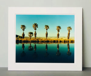 Plam trees stand tall against ombre skies in shades of blue and green in 'Zzyzx Resort Pool II', taken in Soda Dry Lake, California. This artwork was taken on a road trip from LA to Las Vegas. This photograph was taken on negative in 2002 but only executed in Richard's darkroom for the first time in 2017.