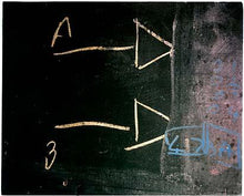 Load image into Gallery viewer, Photograph by Richard Heeps. A blackboard with two white chalk arrows sitting one on top of the other, one labelled A and the other labelled B. Both pointing into a white smudged drawn block on the right hand side.