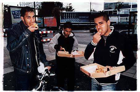 Saj, Ayud and Zafar - Chicken Village Pizza, Stoke Newington, London 2004